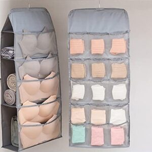 LCXEGO Dual Side Closet Hanging Organizer,3 Shelf Hanging Closet Organizer with Rotating Hanger and Mesh Pocket Bra Underwear Socks Towel Handbag Storage Oxford Bags (3+5+15Pockets, Gray)