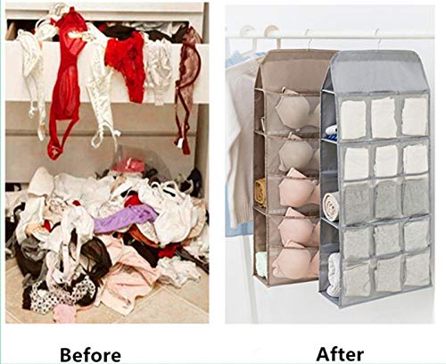 LCXEGO Dual Side Closet Hanging Organizer,3 Shelf Hanging Closet Organizer with Rotating Hanger and Mesh Pocket Bra Underwear Socks Towel Handbag Storage Oxford Bags (3+5+15Pockets, Gray)