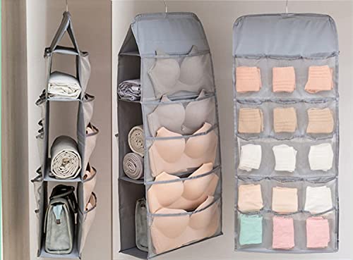 LCXEGO Dual Side Closet Hanging Organizer,3 Shelf Hanging Closet Organizer with Rotating Hanger and Mesh Pocket Bra Underwear Socks Towel Handbag Storage Oxford Bags (3+5+15Pockets, Gray)