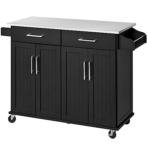 Yaheetech Kitchen Island Cart with Stainless Steel Countertop, Rolling Kitchen Storage Cabinet on Wheels with 2 Drawers and Inner Adjustable Shelves for Dining Room, 50.5 Inch Width, Black