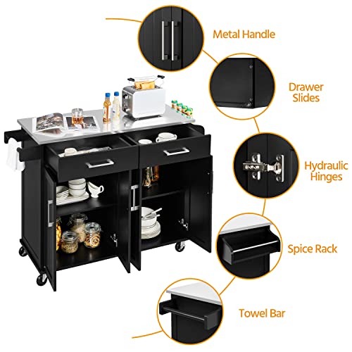 Yaheetech Kitchen Island Cart with Stainless Steel Countertop, Rolling Kitchen Storage Cabinet on Wheels with 2 Drawers and Inner Adjustable Shelves for Dining Room, 50.5 Inch Width, Black