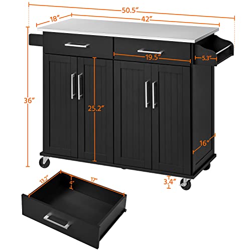 Yaheetech Kitchen Island Cart with Stainless Steel Countertop, Rolling Kitchen Storage Cabinet on Wheels with 2 Drawers and Inner Adjustable Shelves for Dining Room, 50.5 Inch Width, Black