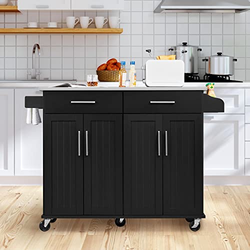 Yaheetech Kitchen Island Cart with Stainless Steel Countertop, Rolling Kitchen Storage Cabinet on Wheels with 2 Drawers and Inner Adjustable Shelves for Dining Room, 50.5 Inch Width, Black