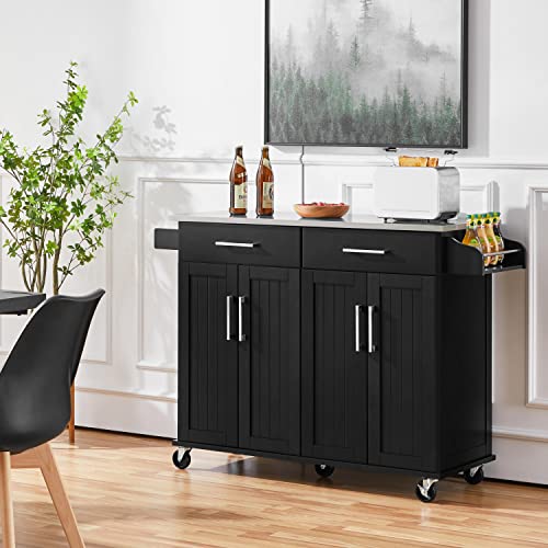 Yaheetech Kitchen Island Cart with Stainless Steel Countertop, Rolling Kitchen Storage Cabinet on Wheels with 2 Drawers and Inner Adjustable Shelves for Dining Room, 50.5 Inch Width, Black