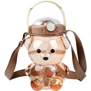 kawaii bear straw bottle,portable large capacity bear water bottle with strap and straw,cute bear shaped water bottle adjustable removable strap for girls school outdoor travel (brown-a)