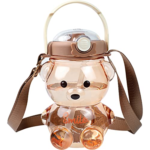 Kawaii Bear Straw Bottle,Portable Large Capacity Bear Water Bottle with Strap and Straw,Cute Bear Shaped Water Bottle Adjustable Removable Strap for Girls School Outdoor Travel (Brown-A)