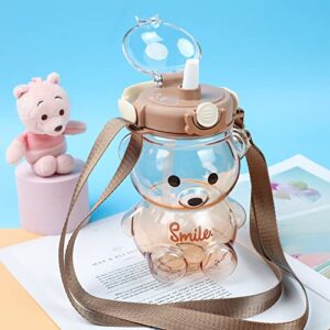 Kawaii Bear Straw Bottle,Portable Large Capacity Bear Water Bottle with Strap and Straw,Cute Bear Shaped Water Bottle Adjustable Removable Strap for Girls School Outdoor Travel (Brown-A)