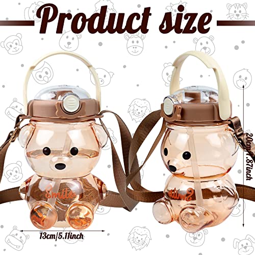 Kawaii Bear Straw Bottle,Portable Large Capacity Bear Water Bottle with Strap and Straw,Cute Bear Shaped Water Bottle Adjustable Removable Strap for Girls School Outdoor Travel (Brown-A)