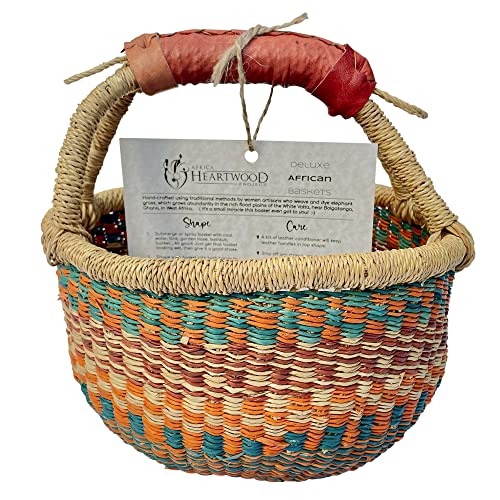 Deluxe Round Colorful African Basket - 10" (small) - by market women in Bolgatanga, Ghana with Africa Heartwood Project - GBSRC (Flat-packed)