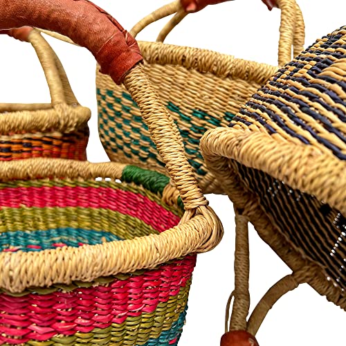 Deluxe Round Colorful African Basket - 10" (small) - by market women in Bolgatanga, Ghana with Africa Heartwood Project - GBSRC (Flat-packed)