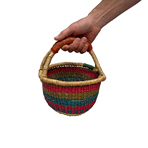 Deluxe Round Colorful African Basket - 10" (small) - by market women in Bolgatanga, Ghana with Africa Heartwood Project - GBSRC (Flat-packed)