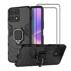 compatible with honor x8 case kickstand with tempered glass screen protector [2 pieces], hybrid heavy duty armor dual layer anti-scratch phone case cover, black