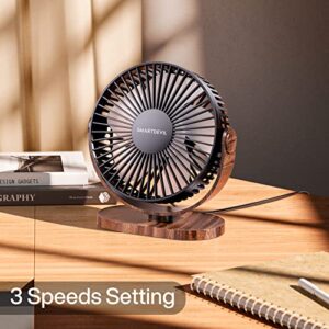 SmartDevil USB Small Desk Fan, 3 Speeds Portable Desktop Table Fan, 90° Adjustment Personal Mini Fan, Quiet Operation, for Home Office Car Outdoor Travel (Black Wood Grain)