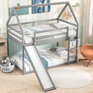 harper & bright designs house bunk bed with convertible slide and ladder, twin over twin bunk bed with roof and security guardrails, floor bunk bed for kids (gray)