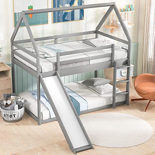 Harper & Bright Designs House Bunk Bed with Convertible Slide and Ladder, Twin Over Twin Bunk Bed with Roof and Security Guardrails, Floor Bunk Bed for Kids (Gray)