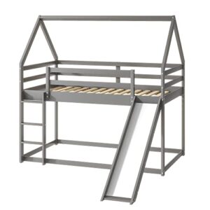 Harper & Bright Designs House Bunk Bed with Convertible Slide and Ladder, Twin Over Twin Bunk Bed with Roof and Security Guardrails, Floor Bunk Bed for Kids (Gray)