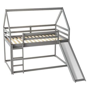 Harper & Bright Designs House Bunk Bed with Convertible Slide and Ladder, Twin Over Twin Bunk Bed with Roof and Security Guardrails, Floor Bunk Bed for Kids (Gray)