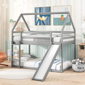 Harper & Bright Designs House Bunk Bed with Convertible Slide and Ladder, Twin Over Twin Bunk Bed with Roof and Security Guardrails, Floor Bunk Bed for Kids (Gray)