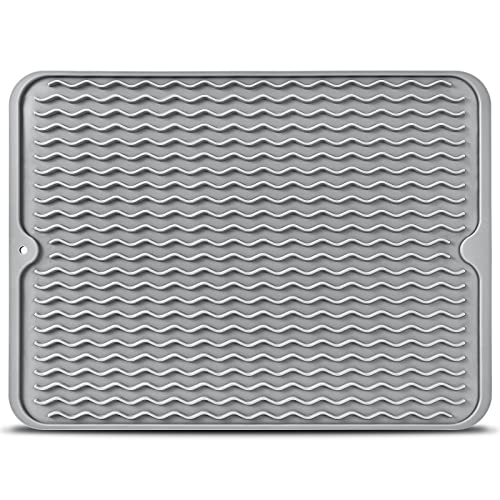 Elyum Dish Drying Mat, Silicone Drying Mat Heat Resistant Dish Mat Non-Slip Easy Clean Drying Mats for Kitchen Counter Sink(16" x 12'', Gray)