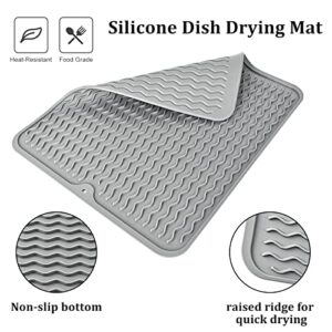 Elyum Dish Drying Mat, Silicone Drying Mat Heat Resistant Dish Mat Non-Slip Easy Clean Drying Mats for Kitchen Counter Sink(16" x 12'', Gray)