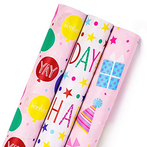 MAYPLUSS Birthday Wrapping Paper Roll - Mini Roll - 17" X 120" Per roll - Pink Design (42.3 sq.ft.ttl)