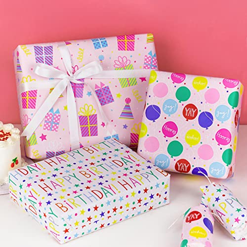 MAYPLUSS Birthday Wrapping Paper Roll - Mini Roll - 17" X 120" Per roll - Pink Design (42.3 sq.ft.ttl)