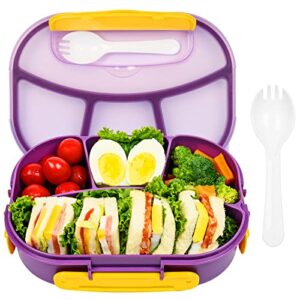 paracity bento box for adults, leak-proof bento lunch box 61oz, large capacity lunch container with 4 compartments& utensiles, leak-proof, microwave/dishwasher/freezer safe, bpa-free(purple)