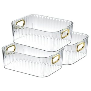 3 pack plastic stackable clear storage bins,storage container basket with handle for office,clear organizer bins for kitchen cabinet,refrigerator,food pantry,countertops, bedrooms, bathrooms