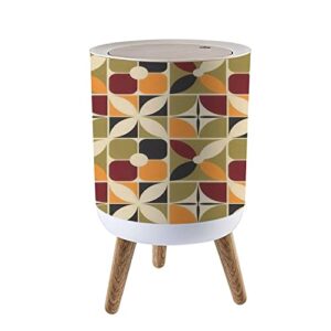 small trash can with lid 70s retro vintage mid century modern seamless simple geometric flowers round garbage can press cover wastebasket wood waste bin for bathroom kitchen office 7l/1.8 gallon