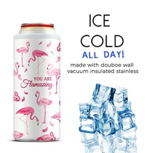 Slim Can Cooler Insulated Skinny Stainless Steel Doucle Freezable Can Cooler Sleeve Hard Seltzer 12 oz Slim Cans （Flamingo）