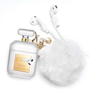 heenhdfd airpod 1&2 case perfume bottle design with cute keychain and fur ball soft silicone shockproof creative airpod 1&2 case cover for girls and women (sck 1&2 perfume bottle)