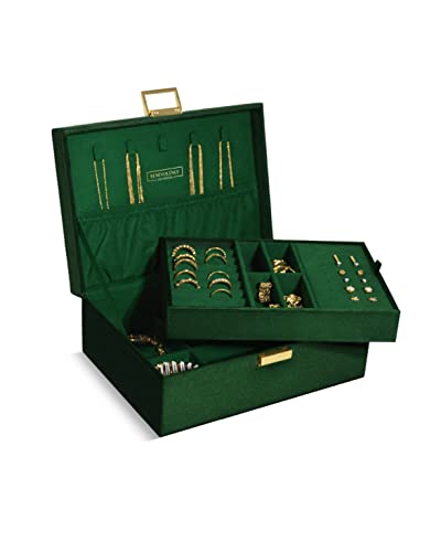 Benevolence LA Large Jewelry Storage Box, Velvet Jewelry Boxes for Women | Earring Organizer for Women, 2 Layer Jewelry Organizer Box for Necklaces, Bracelets, Rings - Emerald Green