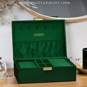 Benevolence LA Large Jewelry Storage Box, Velvet Jewelry Boxes for Women | Earring Organizer for Women, 2 Layer Jewelry Organizer Box for Necklaces, Bracelets, Rings - Emerald Green