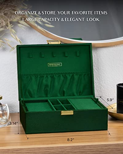 Benevolence LA Large Jewelry Storage Box, Velvet Jewelry Boxes for Women | Earring Organizer for Women, 2 Layer Jewelry Organizer Box for Necklaces, Bracelets, Rings - Emerald Green