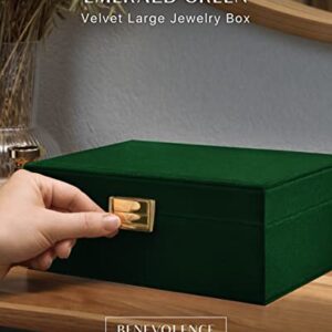 Benevolence LA Large Jewelry Storage Box, Velvet Jewelry Boxes for Women | Earring Organizer for Women, 2 Layer Jewelry Organizer Box for Necklaces, Bracelets, Rings - Emerald Green