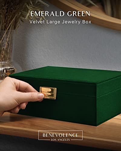 Benevolence LA Large Jewelry Storage Box, Velvet Jewelry Boxes for Women | Earring Organizer for Women, 2 Layer Jewelry Organizer Box for Necklaces, Bracelets, Rings - Emerald Green