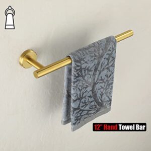 JQK Hand Towel Holder Towel Ring Gold, Thicken 0.8mm 304 Stainless Steel Bathroom Hand Towel Bar, 12 Inch Wall Mount Towel Rack Hanger, Brushed Gold, THH110L12-BG