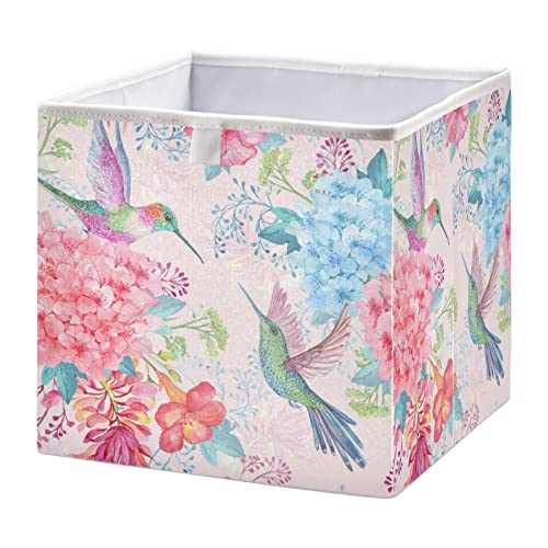 Kigai Tropical Flowers Hummingbirds Open Home Storage Bins, for Home Organization and Storage, Toy Storage Cube, Collapsible Closet Storage Bins, with Small Handles, 11.02"L x 11.02"W x 11.02"H