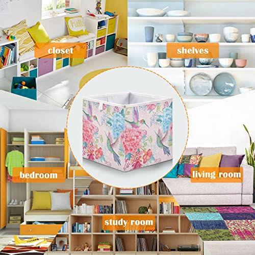 Kigai Tropical Flowers Hummingbirds Open Home Storage Bins, for Home Organization and Storage, Toy Storage Cube, Collapsible Closet Storage Bins, with Small Handles, 11.02"L x 11.02"W x 11.02"H