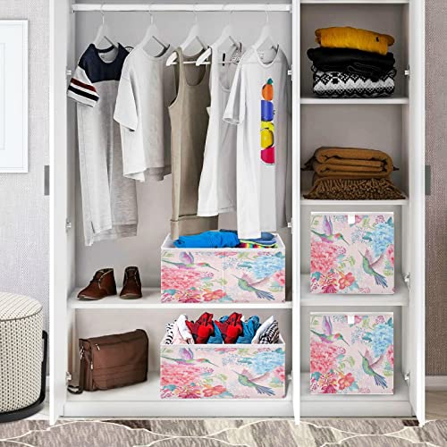 Kigai Tropical Flowers Hummingbirds Open Home Storage Bins, for Home Organization and Storage, Toy Storage Cube, Collapsible Closet Storage Bins, with Small Handles, 11.02"L x 11.02"W x 11.02"H