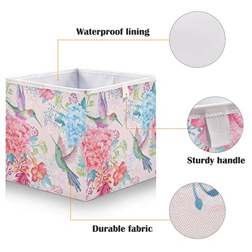 Kigai Tropical Flowers Hummingbirds Open Home Storage Bins, for Home Organization and Storage, Toy Storage Cube, Collapsible Closet Storage Bins, with Small Handles, 11.02"L x 11.02"W x 11.02"H