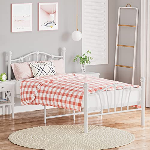 IDEALHOUSE Metal Platform Twin Bed Frame Mattress Foundation with Iron-Art Sweat Heart Headboard & Footboard/Firm Support & Easy Set up Structure, White