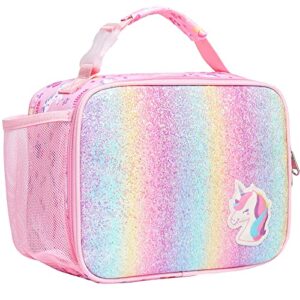 bagseri kids lunch box insulated - lunch bag for girls with buckle handle - portable reusable toddler leak-proof lunchbox for school and daycare, pink glitter, unicorn