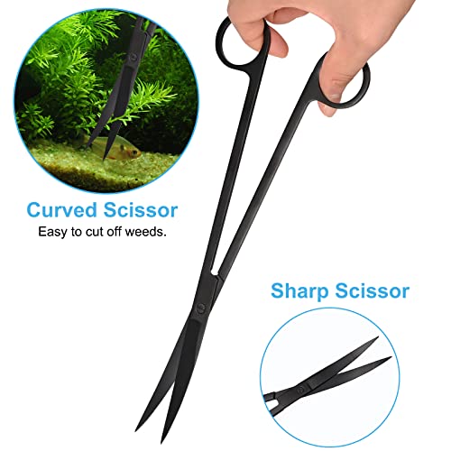 HOTOOLME 6 in 1 Aquarium Aquascape Tools, Long Stainless Steel Aquatic Plant Tweezers Scissors Scrapers Set for Fish Tank Starter Kit, Aquarium Cleaning Kit with PH Paper Fish Net Bag (Black)