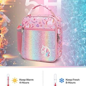 Bagseri Kids Lunch Box Girls - Insulated Kids Lunch Bag for Girls Portable Reusable Toddler Lunch Cooler Bag for School, Water-resistant Lining（Glitter Unicorn,Pink）