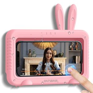 nediea shower phone holder waterproof, cute bunny 360° rotation bathroom phone case, strongly 3m adhesive wall mount phone holder for bathroom, kitchen, sink, support up to 6.8" smartphones (pink)