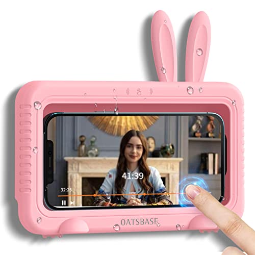 nediea Shower Phone Holder Waterproof, Cute Bunny 360° Rotation Bathroom Phone Case, Strongly 3M Adhesive Wall Mount Phone Holder for Bathroom, Kitchen, Sink, Support up to 6.8" Smartphones (Pink)