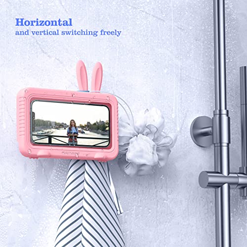 nediea Shower Phone Holder Waterproof, Cute Bunny 360° Rotation Bathroom Phone Case, Strongly 3M Adhesive Wall Mount Phone Holder for Bathroom, Kitchen, Sink, Support up to 6.8" Smartphones (Pink)