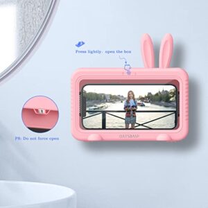 nediea Shower Phone Holder Waterproof, Cute Bunny 360° Rotation Bathroom Phone Case, Strongly 3M Adhesive Wall Mount Phone Holder for Bathroom, Kitchen, Sink, Support up to 6.8" Smartphones (Pink)