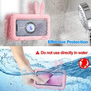 nediea Shower Phone Holder Waterproof, Cute Bunny 360° Rotation Bathroom Phone Case, Strongly 3M Adhesive Wall Mount Phone Holder for Bathroom, Kitchen, Sink, Support up to 6.8" Smartphones (Pink)